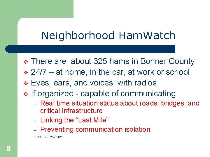 Neighborhood Ham. Watch There about 325 hams in Bonner County v 24/7 – at