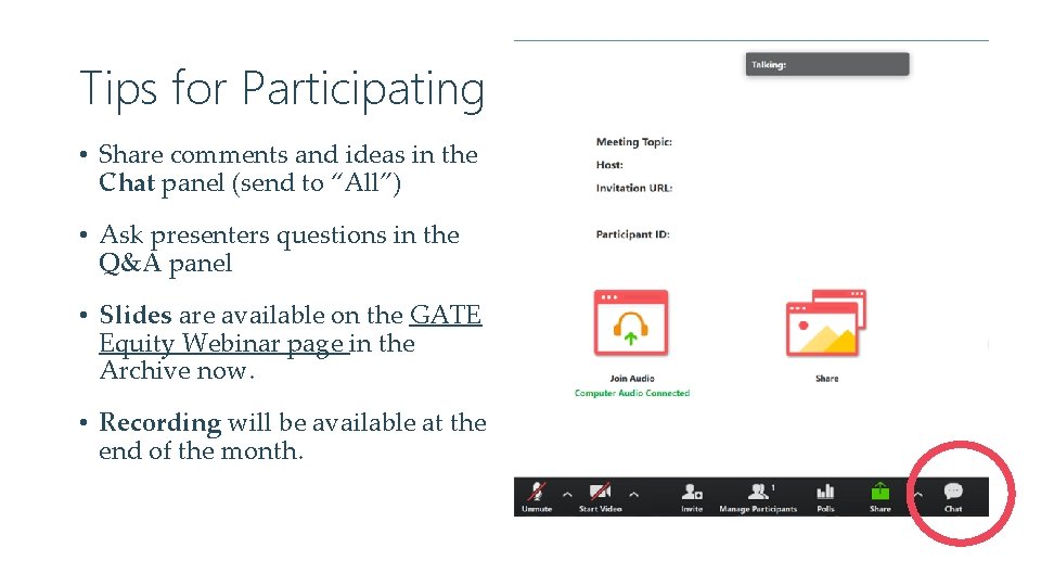 Tips for Participating • Share comments and ideas in the Chat panel (send to
