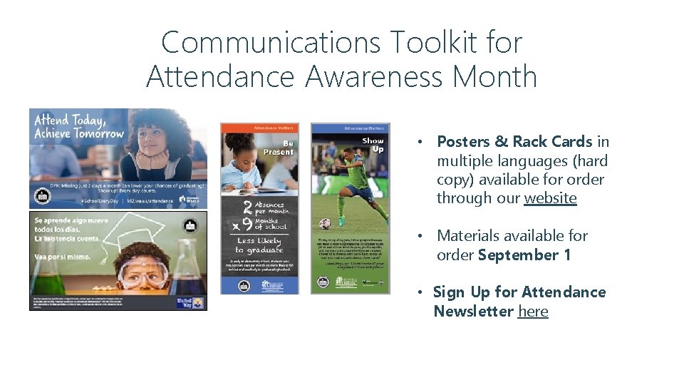 Communications Toolkit for Attendance Awareness Month • Posters & Rack Cards in multiple languages