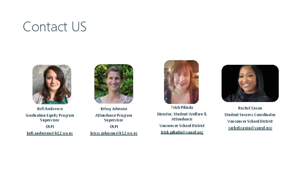 Contact US Kefi Andersen Krissy Johnson Trish Piliado Rachel Cason Graduation Equity Program Supervisor