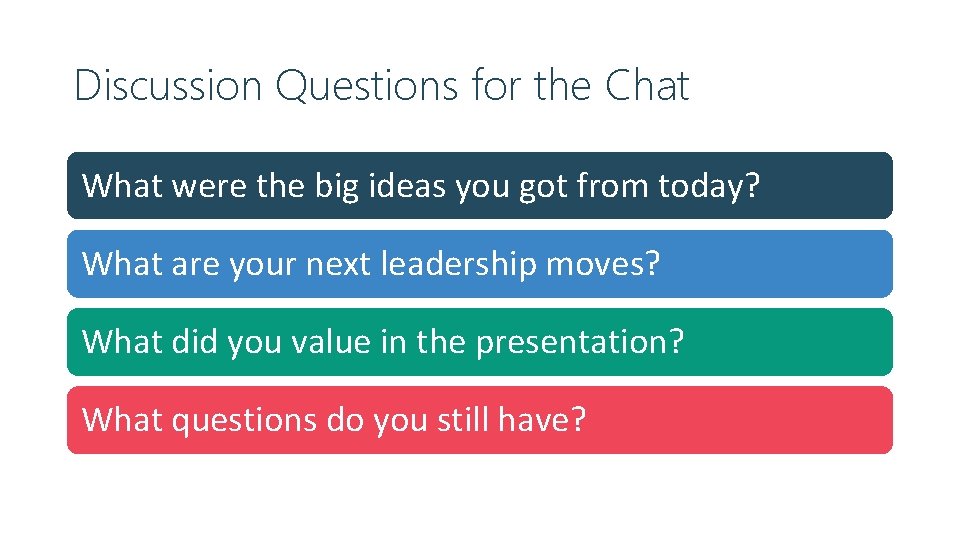 Discussion Questions for the Chat What were the big ideas you got from today?