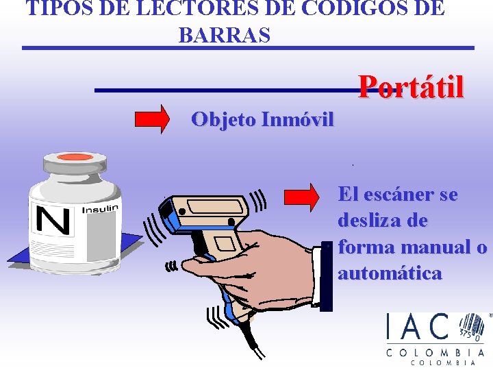 TIPOS DE LECTORES DE CODIGOS DE BARRAS Portátil Objeto Inmóvil El escáner se desliza TIPOS DE LECTORES DE CODIGOS DE BARRAS Portátil Objeto Inmóvil El escáner se desliza