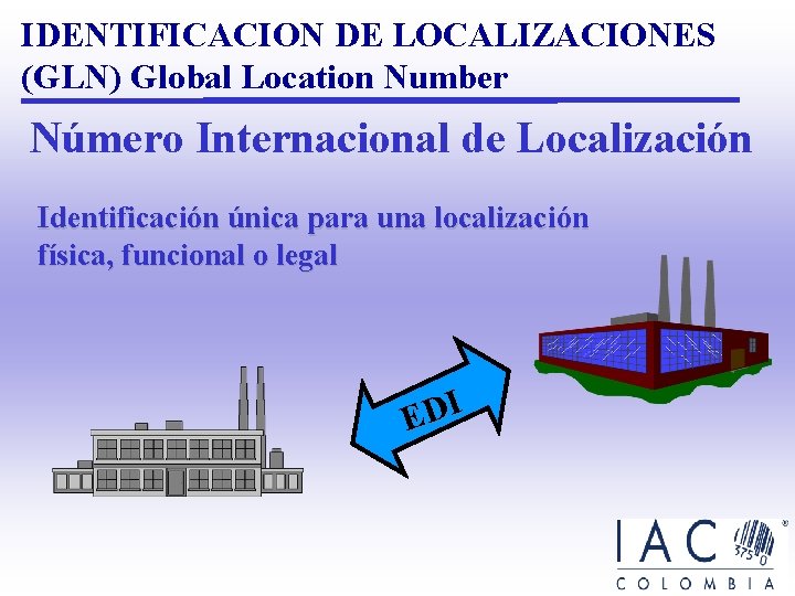 IDENTIFICACION DE LOCALIZACIONES (GLN) Global Location Number Número Internacional de Localización Identificación única para IDENTIFICACION DE LOCALIZACIONES (GLN) Global Location Number Número Internacional de Localización Identificación única para