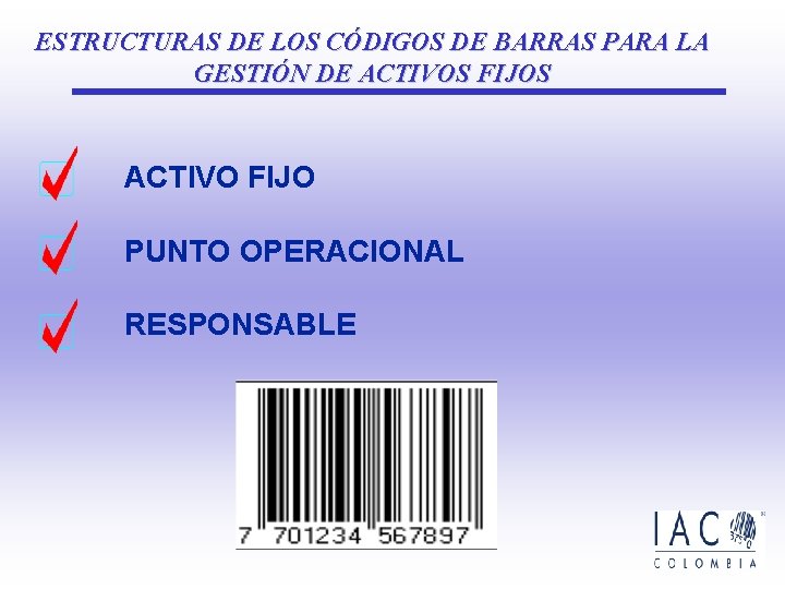 ESTRUCTURAS DE LOS CÓDIGOS DE BARRAS PARA LA GESTIÓN DE ACTIVOS FIJOS ACTIVO FIJO ESTRUCTURAS DE LOS CÓDIGOS DE BARRAS PARA LA GESTIÓN DE ACTIVOS FIJOS ACTIVO FIJO