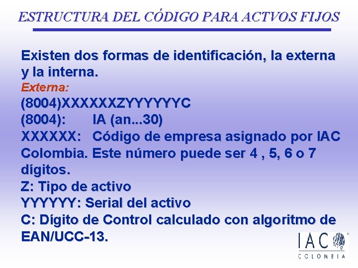 ESTRUCTURA DEL CÓDIGO PARA ACTVOS FIJOS Existen dos formas de identificación, la externa y ESTRUCTURA DEL CÓDIGO PARA ACTVOS FIJOS Existen dos formas de identificación, la externa y