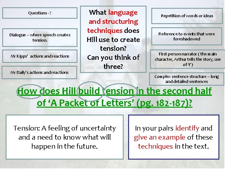 Questions - ? Dialogue – where speech creates tension. Mr Kipps’ actions and reactions