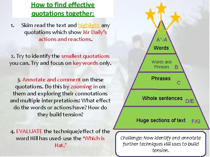 How to find effective quotations together: 1. Skim read the text and highlight any