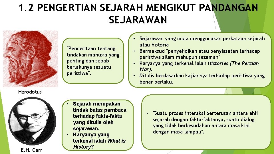 1. 2 PENGERTIAN SEJARAH MENGIKUT PANDANGAN SEJARAWAN "Penceritaan tentang tindakan manusia yang penting dan