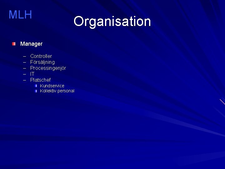 MLH Organisation Manager – – – Controller Försäljning Processingenjör IT Platschef Kundservice Kollektiv personal