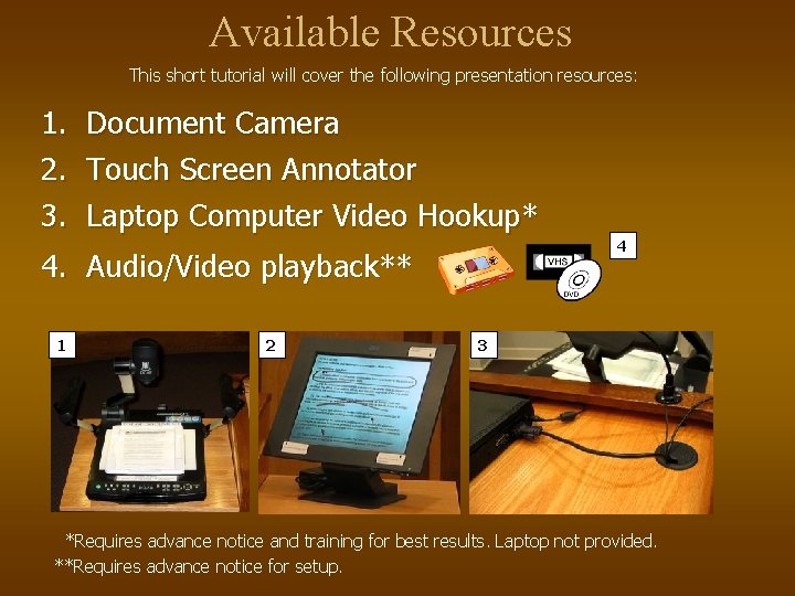 Available Resources This short tutorial will cover the following presentation resources: 1. 2. 3.
