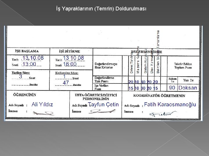 İş Yapraklarının (Temrin) Doldurulması 