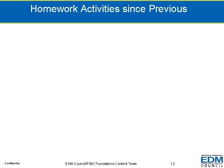 Homework Activities since Previous Confidential EDM-Council/FIBO Foundations Content Team 12 