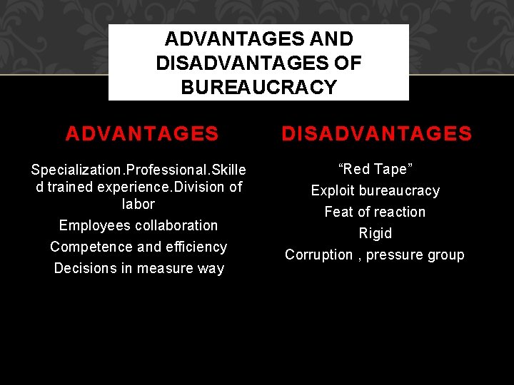 ADVANTAGES AND DISADVANTAGES OF BUREAUCRACY ADVANTAGES DISADVANTAGES Specialization. Professional. Skille d trained experience. Division