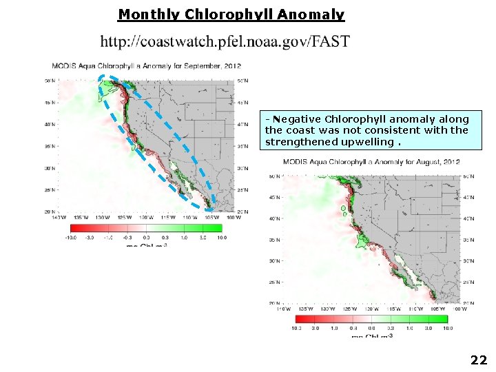 Monthly Chlorophyll Anomaly - Negative Chlorophyll anomaly along the coast was not consistent with