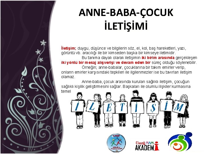 ANNE-BABA-ÇOCUK İLETİŞİMİ İletişim; duygu, düşünce ve bilgilerin söz, el, kol, baş hareketleri, yazı, görüntü