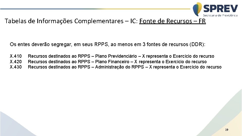 Tabelas de Informações Complementares – IC: Fonte de Recursos – FR Os entes deverão