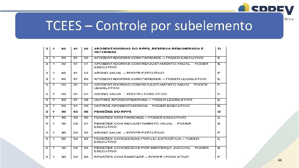 TCEES – Controle por subelemento 44 