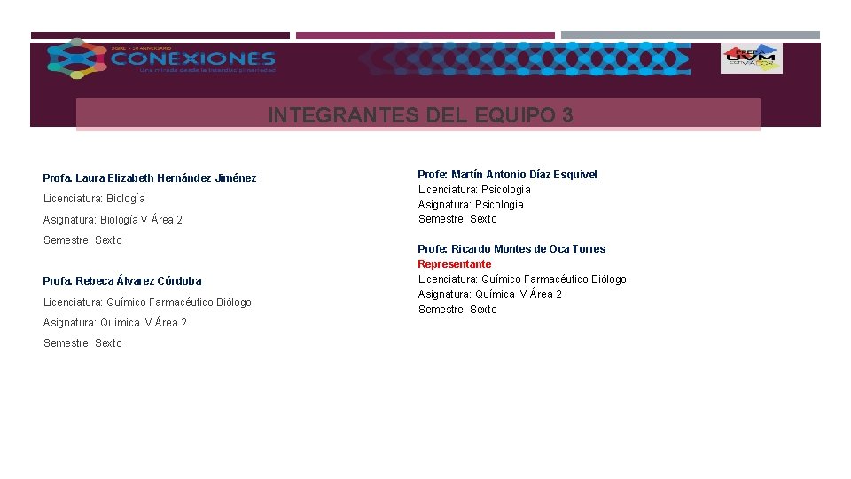 INTEGRANTES DEL EQUIPO 3 Profa. Laura Elizabeth Hernández Jiménez Licenciatura: Biología Asignatura: Biología V