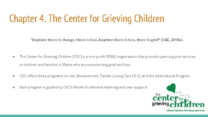 Chapter 4. The Center for Grieving Children “Anytime there is change, there is loss.