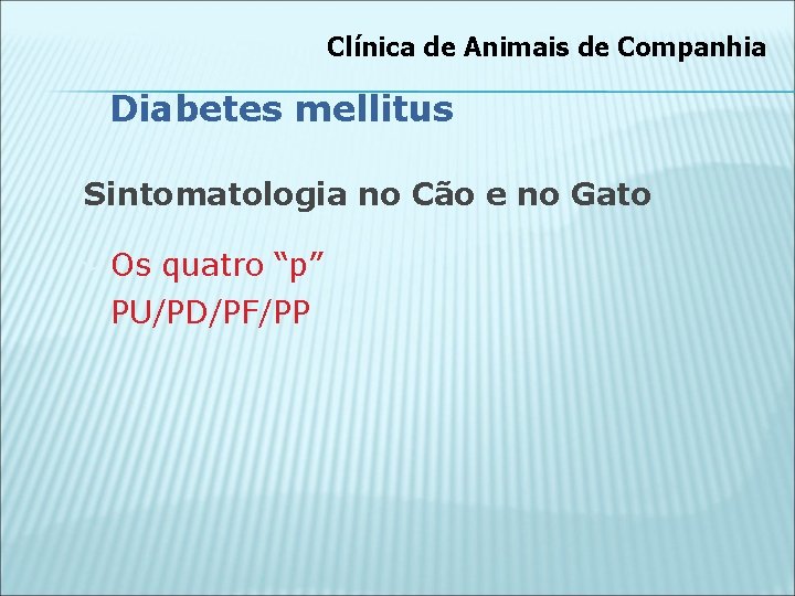 Clínica de Animais de Companhia Diabetes mellitus Sintomatologia no Cão e no Gato Ø