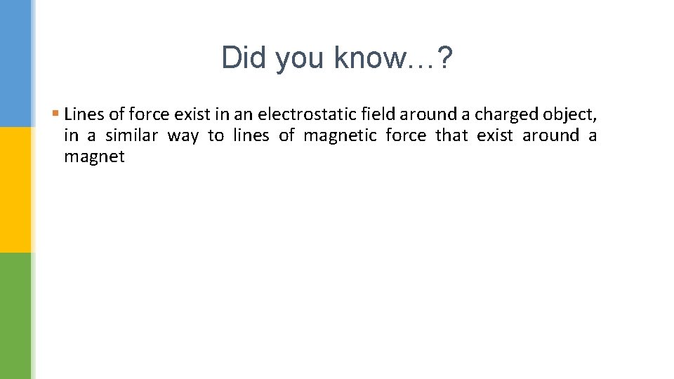 Did you know…? § Lines of force exist in an electrostatic field around a