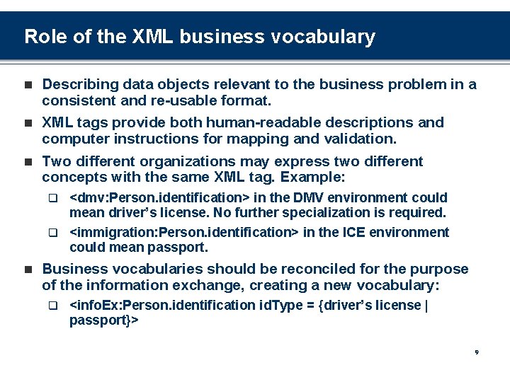 Role of the XML business vocabulary Describing data objects relevant to the business problem