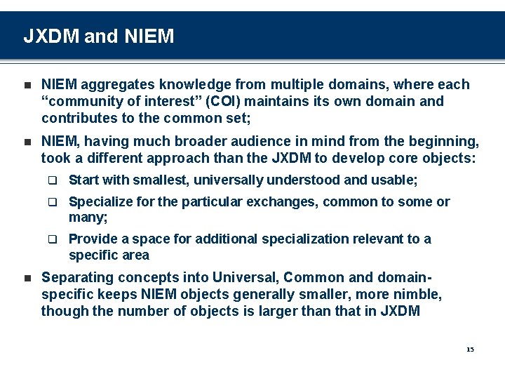 JXDM and NIEM n NIEM aggregates knowledge from multiple domains, where each “community of