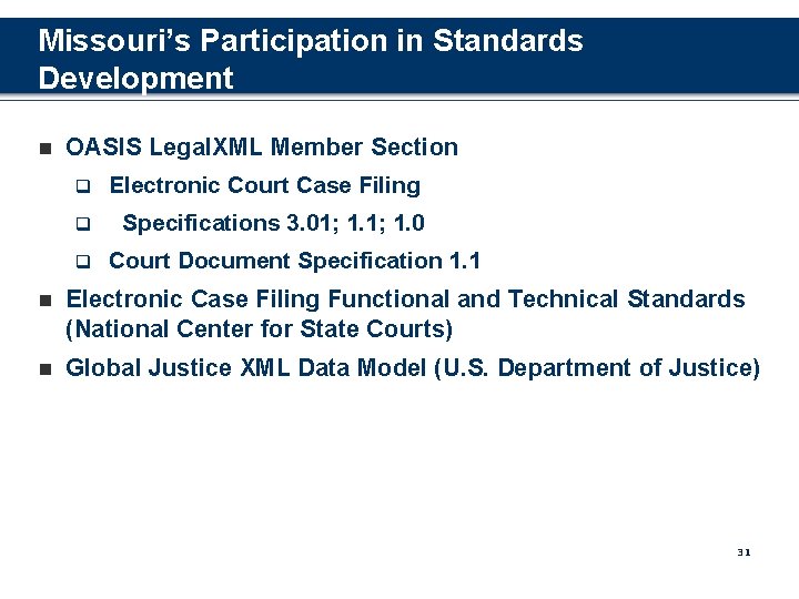 Missouri’s Participation in Standards Development n OASIS Legal. XML Member Section q Electronic Court