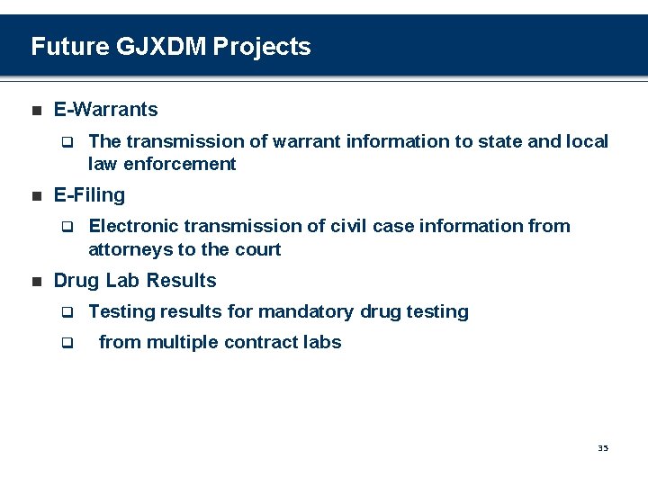 Future GJXDM Projects n E-Warrants q n E-Filing q n The transmission of warrant