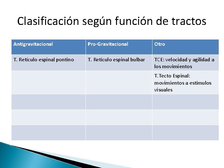 Clasificación según función de tractos Antigravitacional Pro-Gravitacional Otro T. Retículo espinal pontino T. Retículo