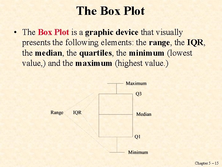 The Box Plot • The Box Plot is a graphic device that visually presents