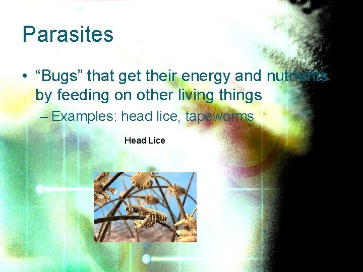 Parasites • “Bugs” that get their energy and nutrients by feeding on other living