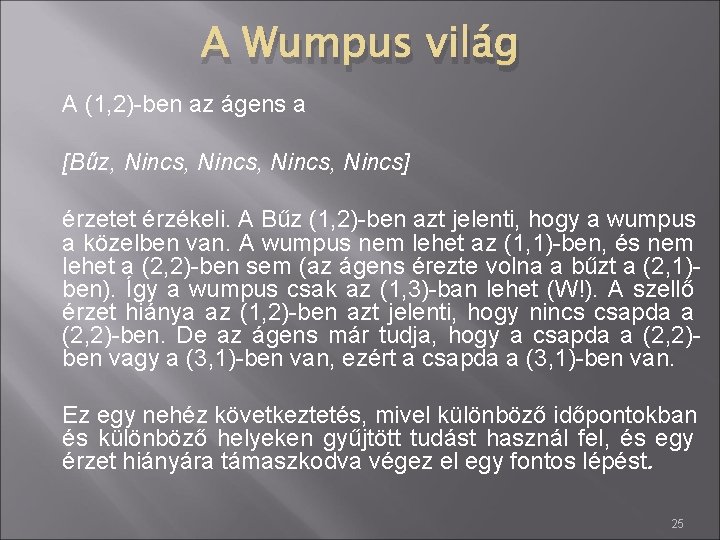 A Wumpus világ A (1, 2)-ben az ágens a [Bűz, Nincs, Nincs] érzetet érzékeli.