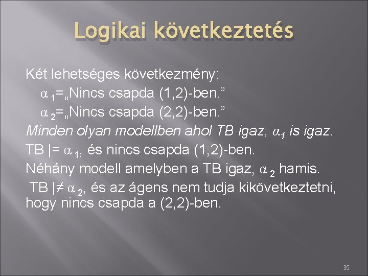 Logikai következtetés Két lehetséges következmény: α 1=„Nincs csapda (1, 2)-ben. ” α 2=„Nincs csapda