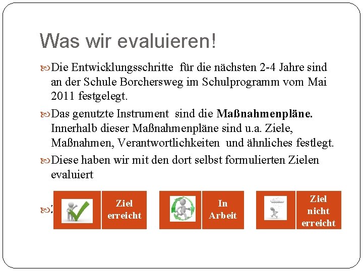 Was wir evaluieren! Die Entwicklungsschritte für die nächsten 2 -4 Jahre sind an der