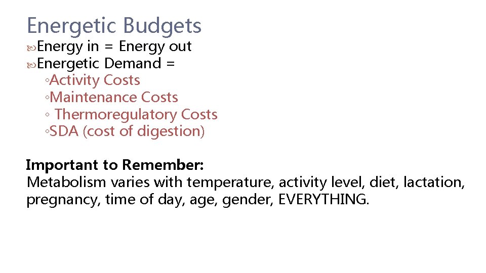 Energetic Budgets Energy in = Energy out Energetic Demand = ◦Activity Costs ◦Maintenance Costs