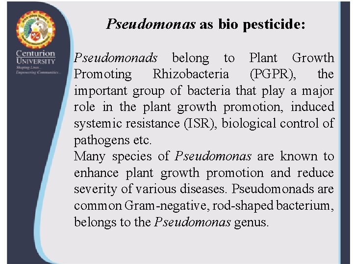 Pseudomonas as bio pesticide: Pseudomonads belong to Plant Growth Promoting Rhizobacteria (PGPR), the important