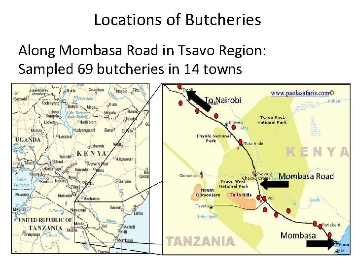 Locations of Butcheries Along Mombasa Road in Tsavo Region: Sampled 69 butcheries in 14