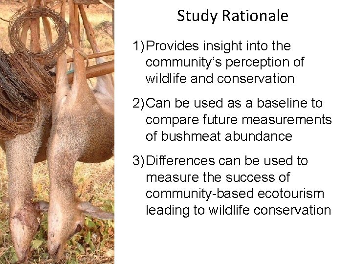 Study Rationale 1) Provides insight into the community’s perception of wildlife and conservation 2)