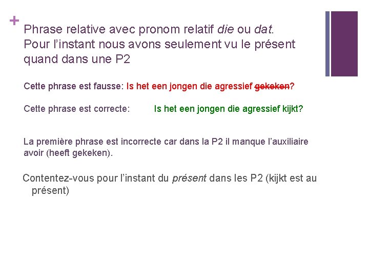 + Phrase relative avec pronom relatif die ou dat. Pour l’instant nous avons seulement