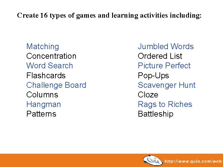 Create 16 types of games and learning activities including: Matching Concentration Word Search Flashcards