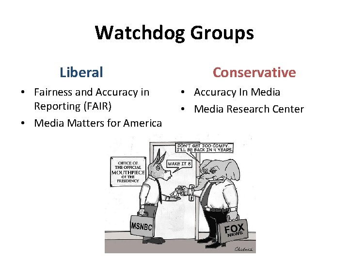 Watchdog Groups Liberal • Fairness and Accuracy in Reporting (FAIR) • Media Matters for