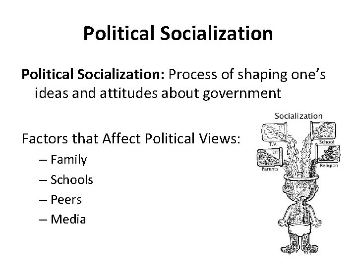 Political Socialization: Process of shaping one’s ideas and attitudes about government Factors that Affect