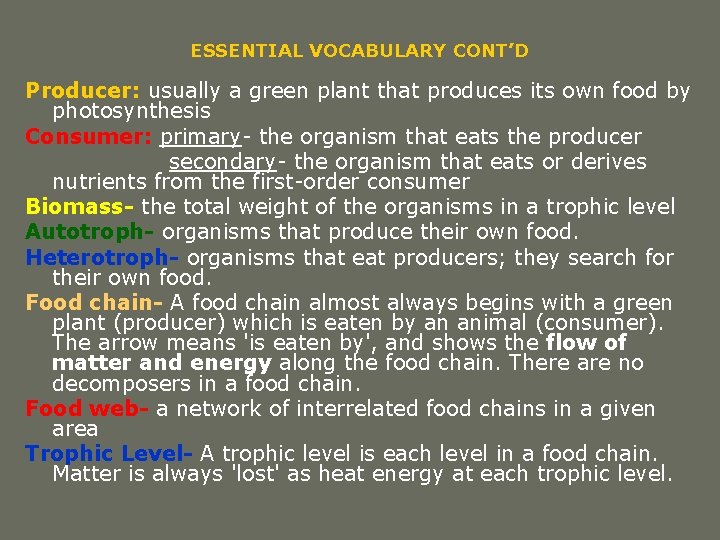 ESSENTIAL VOCABULARY CONT’D Producer: usually a green plant that produces its own food by