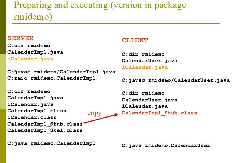 Preparing and executing (version in package rmidemo) SERVER CLIENT C: dir rmidemo Calendar. Impl.