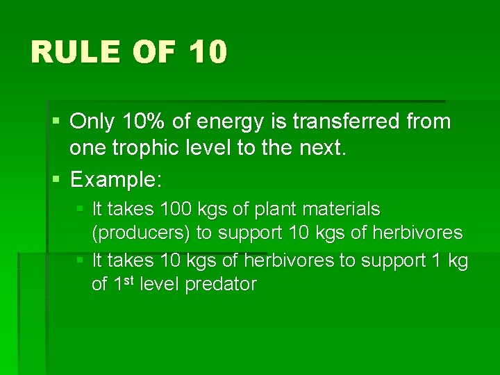 RULE OF 10 § Only 10% of energy is transferred from one trophic level