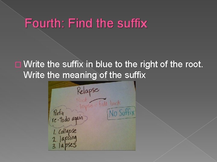 Fourth: Find the suffix � Write the suffix in blue to the right of