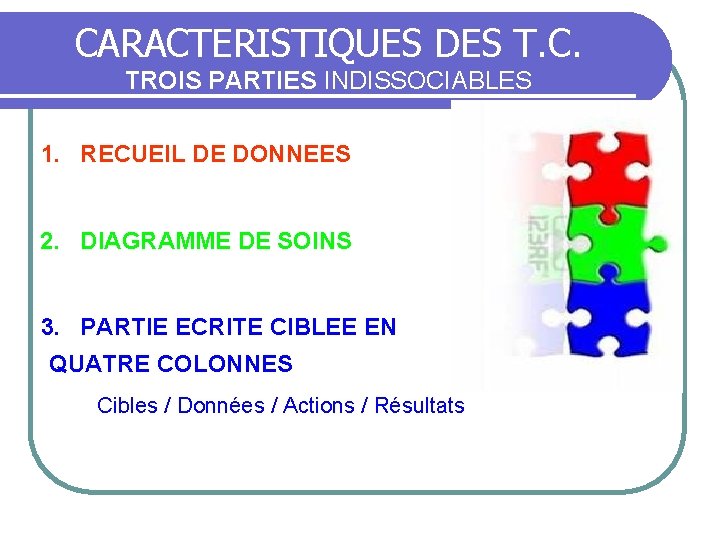 CARACTERISTIQUES DES T. C. TROIS PARTIES INDISSOCIABLES 1. RECUEIL DE DONNEES 2. DIAGRAMME DE