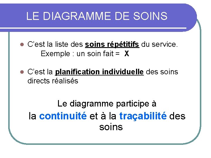 LE DIAGRAMME DE SOINS l C’est la liste des soins répétitifs du service. Exemple