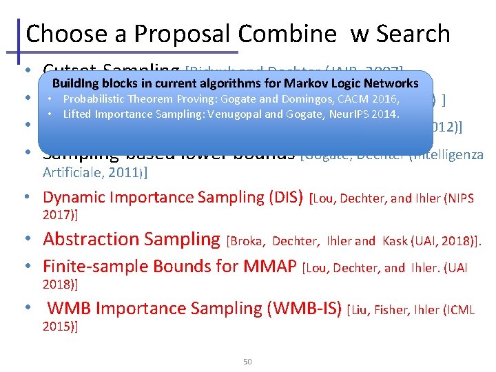 Choose a Proposal Combine w Search • • Cutset-Sampling [Bidyuk and Dechter (JAIR, 2007]